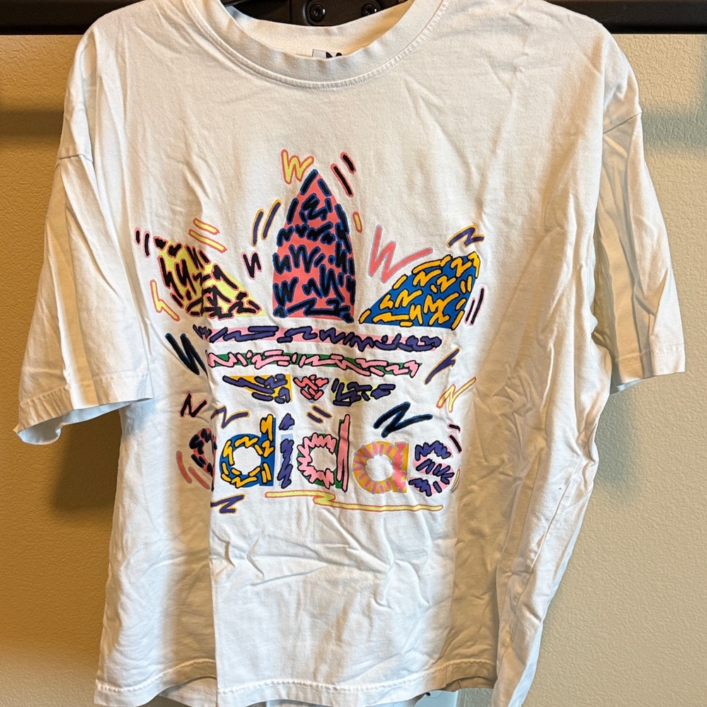 Retro Adidas White Tee with Vibrant Graphic